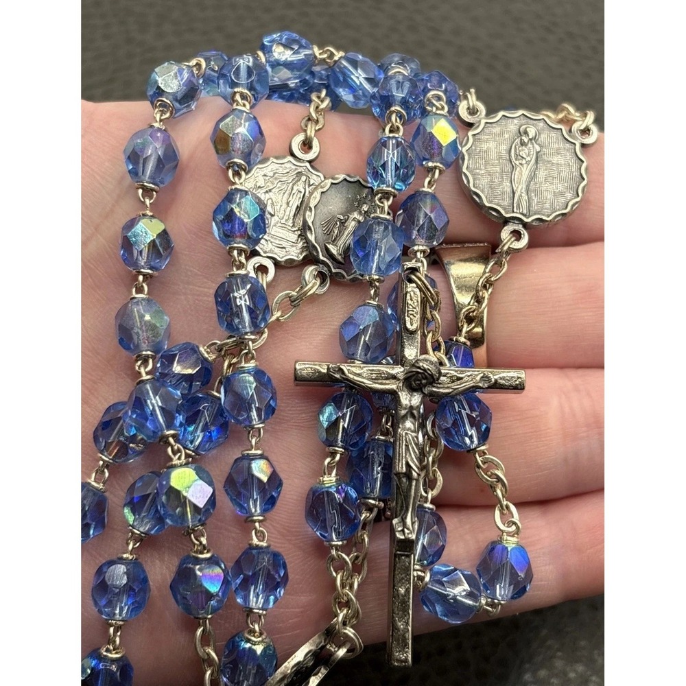 Vintage Our Lady of Fatima Miraculous Medal Rosary Blue AB Crystal Beads 30"